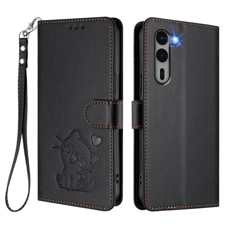 For Fujitsu Arrows We2 Plus Embossed Heart Cat Leather Phone Case with Hand Strap
