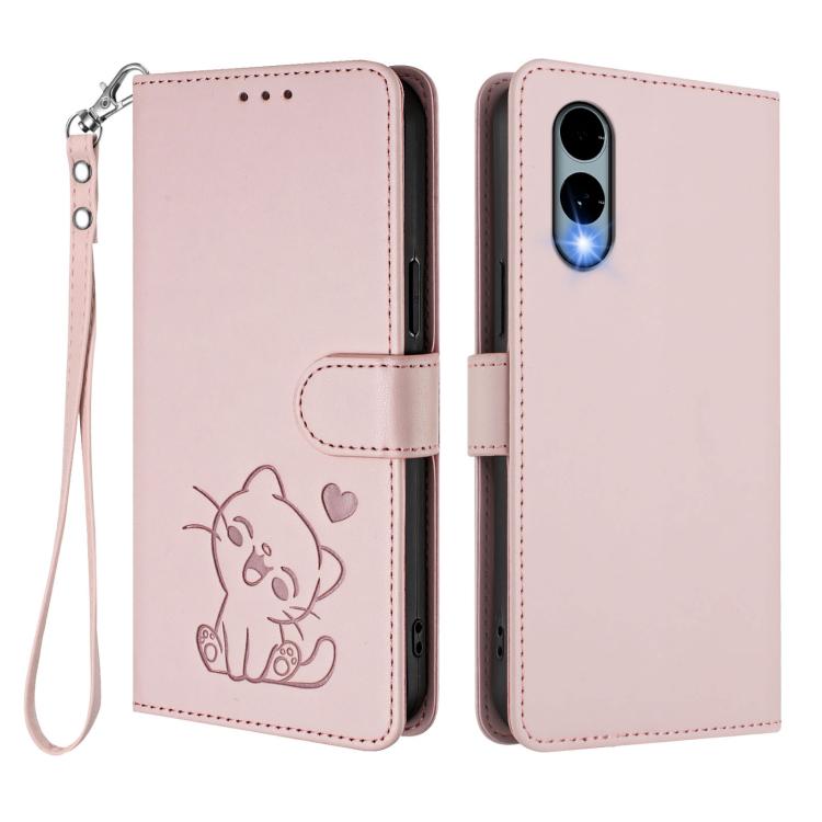 For Fujitsu Arrows We2 Embossed Heart Cat Leather Phone Case with Hand Strap