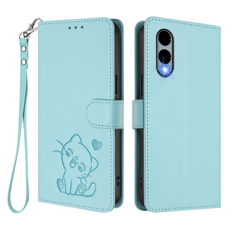 For Fujitsu Arrows We2 Embossed Heart Cat Leather Phone Case with Hand Strap