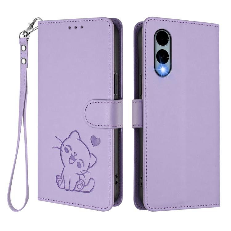 For Fujitsu Arrows We2 Embossed Heart Cat Leather Phone Case with Hand Strap