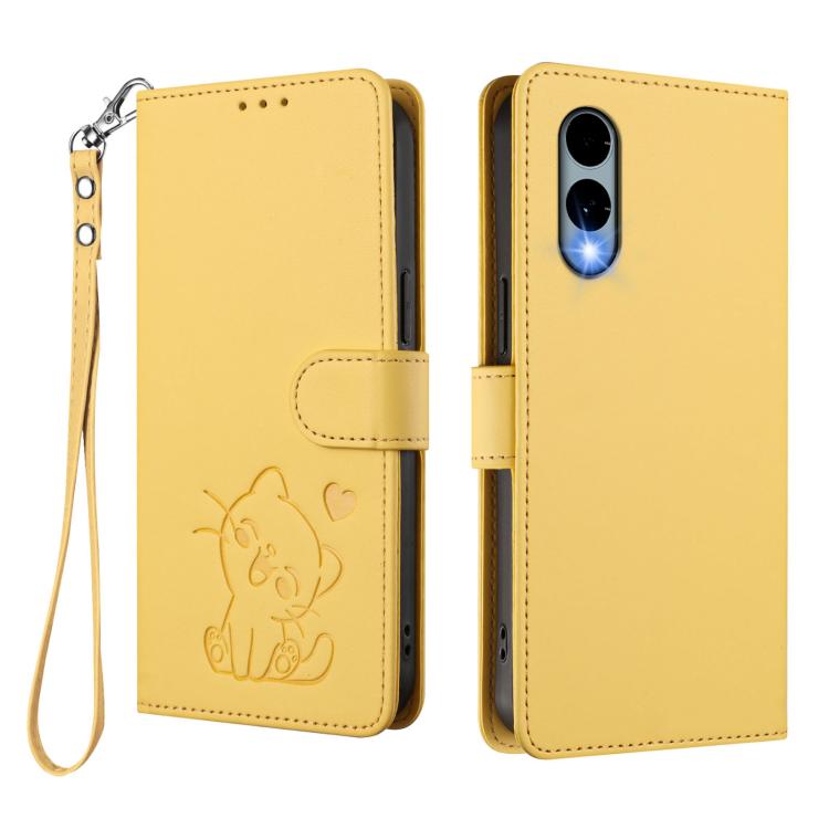 For Fujitsu Arrows We2 Embossed Heart Cat Leather Phone Case with Hand Strap