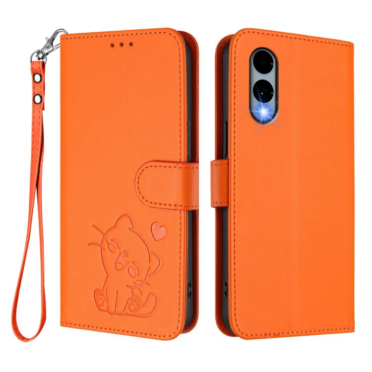 For Fujitsu Arrows We2 Embossed Heart Cat Leather Phone Case with Hand Strap