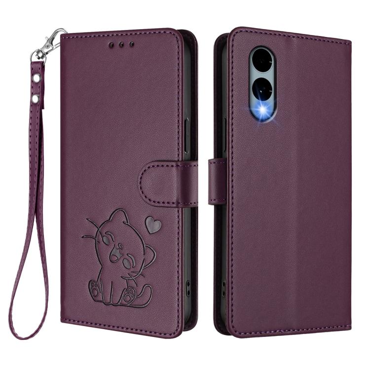 For Fujitsu Arrows We2 Embossed Heart Cat Leather Phone Case with Hand Strap