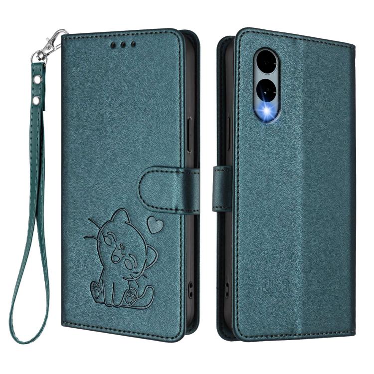 For Fujitsu Arrows We2 Embossed Heart Cat Leather Phone Case with Hand Strap