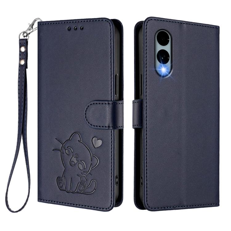 For Fujitsu Arrows We2 Embossed Heart Cat Leather Phone Case with Hand Strap