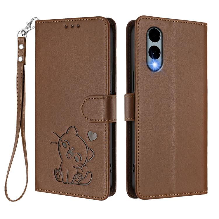 For Fujitsu Arrows We2 Embossed Heart Cat Leather Phone Case with Hand Strap