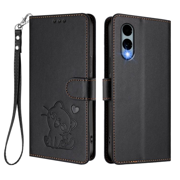 For Fujitsu Arrows We2 Embossed Heart Cat Leather Phone Case with Hand Strap