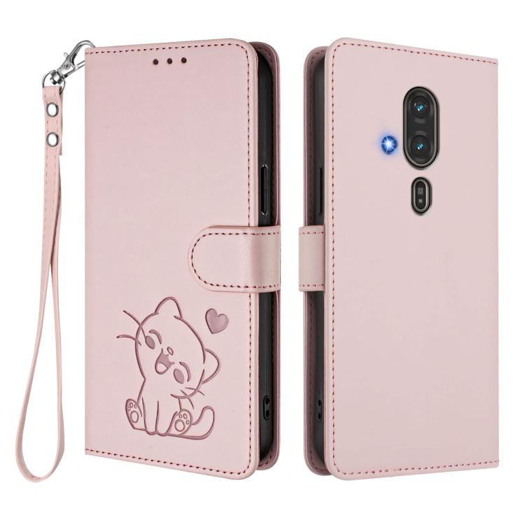 For Fujitsu FCNT RakuRaku F-53E Embossed Heart Cat Leather Phone Case with Hand Strap