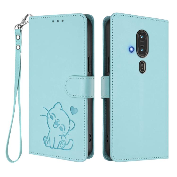 For Fujitsu FCNT RakuRaku F-53E Embossed Heart Cat Leather Phone Case with Hand Strap