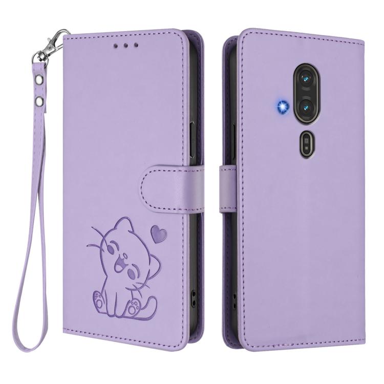 For Fujitsu FCNT RakuRaku F-53E Embossed Heart Cat Leather Phone Case with Hand Strap