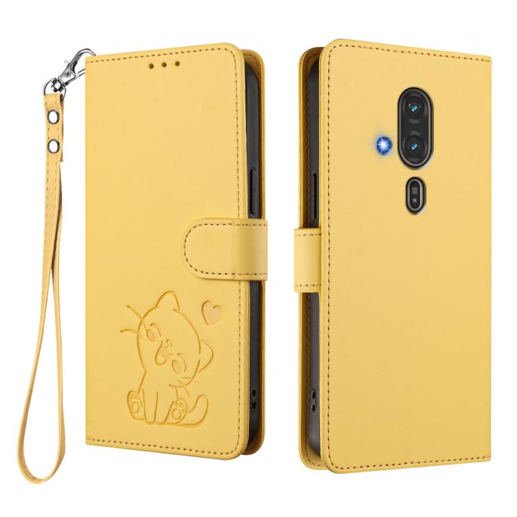 For Fujitsu FCNT RakuRaku F-53E Embossed Heart Cat Leather Phone Case with Hand Strap