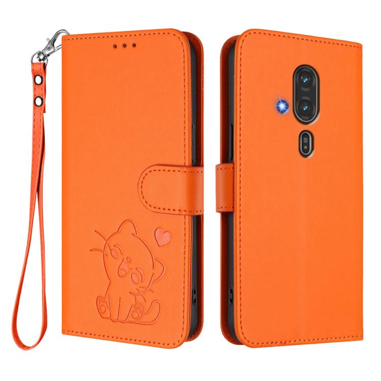 For Fujitsu FCNT RakuRaku F-53E Embossed Heart Cat Leather Phone Case with Hand Strap