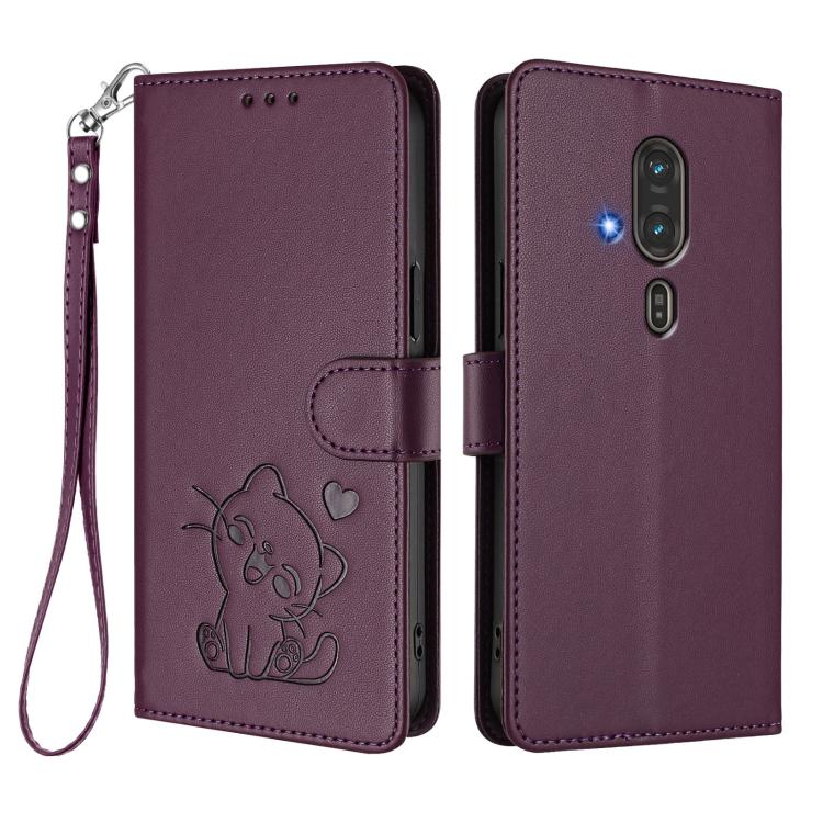 For Fujitsu FCNT RakuRaku F-53E Embossed Heart Cat Leather Phone Case with Hand Strap