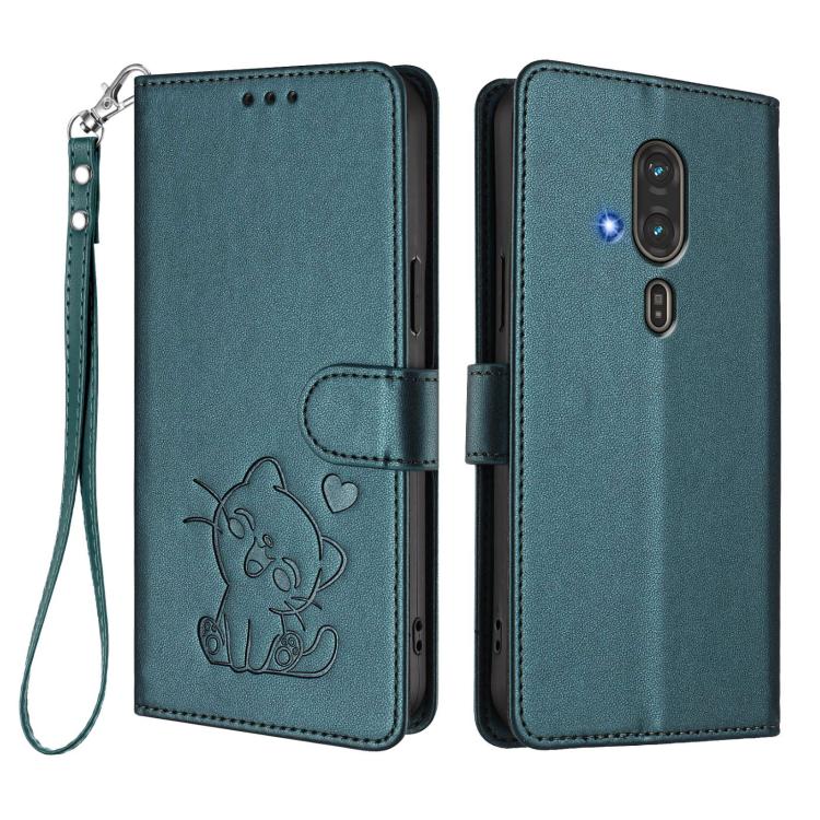 For Fujitsu FCNT RakuRaku F-53E Embossed Heart Cat Leather Phone Case with Hand Strap