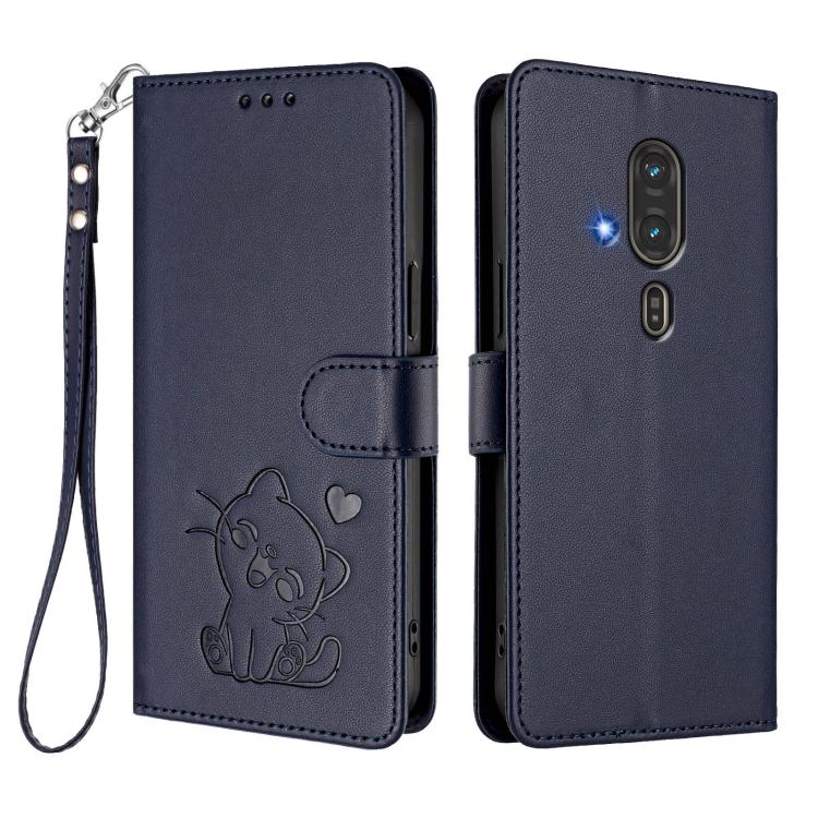 For Fujitsu FCNT RakuRaku F-53E Embossed Heart Cat Leather Phone Case with Hand Strap
