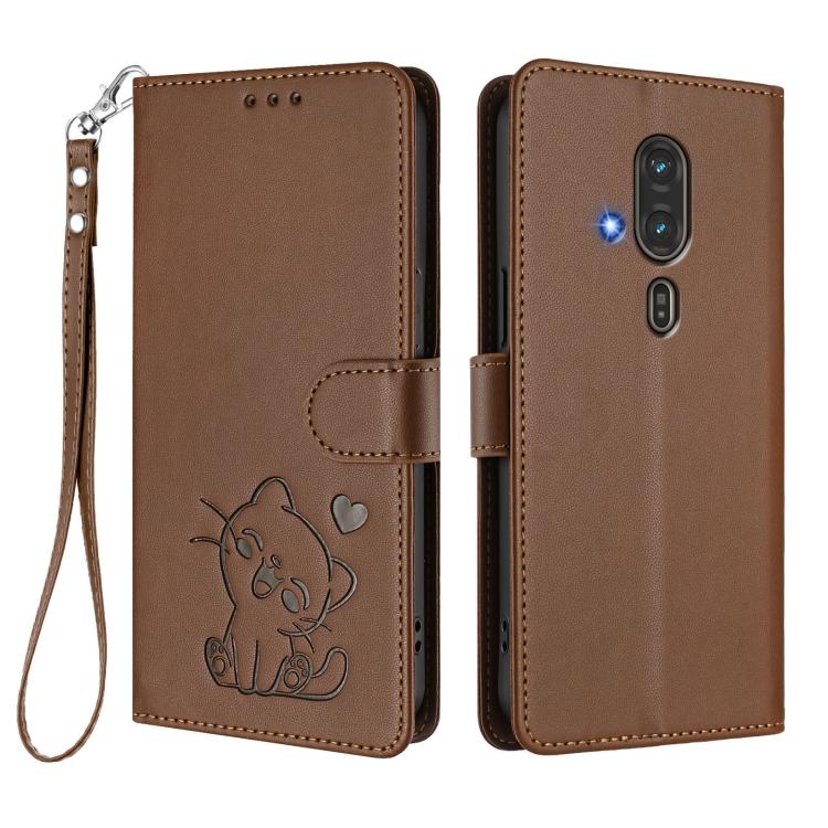 For Fujitsu FCNT RakuRaku F-53E Embossed Heart Cat Leather Phone Case with Hand Strap
