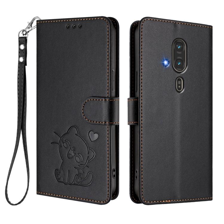 For Fujitsu FCNT RakuRaku F-53E Embossed Heart Cat Leather Phone Case with Hand Strap