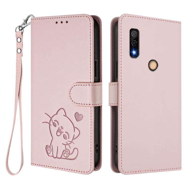 For Fujitsu Arrows We3 Embossed Heart Cat Leather Phone Case with Hand Strap