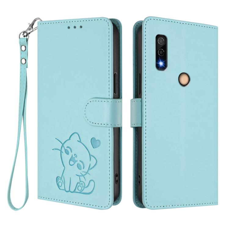 For Fujitsu Arrows We3 Embossed Heart Cat Leather Phone Case with Hand Strap