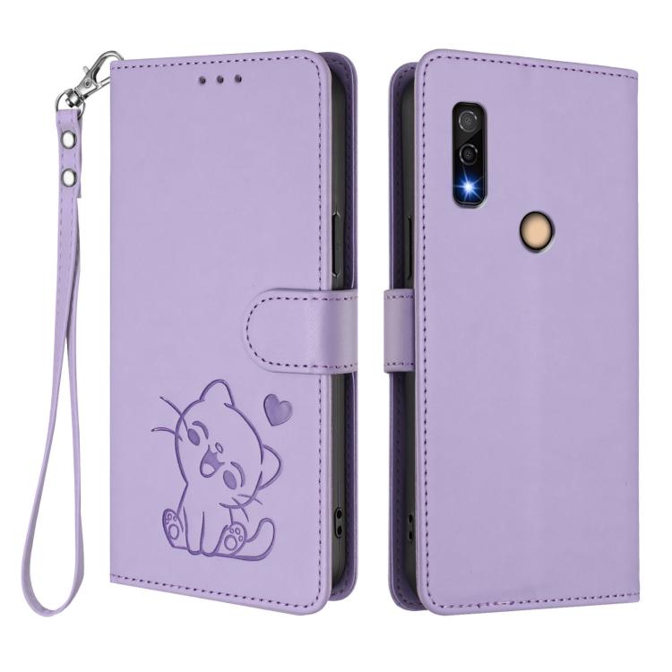 For Fujitsu Arrows We3 Embossed Heart Cat Leather Phone Case with Hand Strap