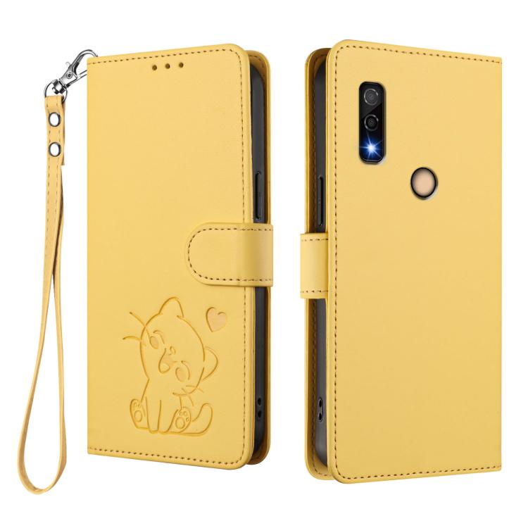 For Fujitsu Arrows We3 Embossed Heart Cat Leather Phone Case with Hand Strap