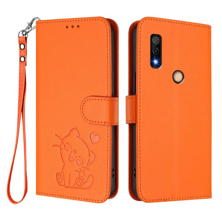 For Fujitsu Arrows We3 Embossed Heart Cat Leather Phone Case with Hand Strap