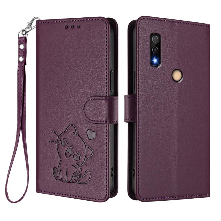 For Fujitsu Arrows We3 Embossed Heart Cat Leather Phone Case with Hand Strap