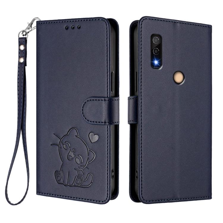 For Fujitsu Arrows We3 Embossed Heart Cat Leather Phone Case with Hand Strap