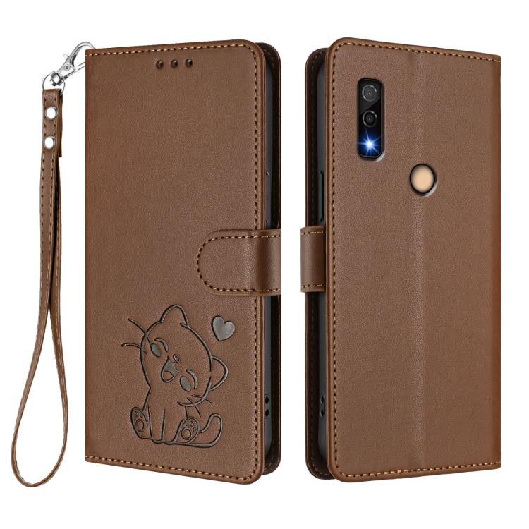 For Fujitsu Arrows We3 Embossed Heart Cat Leather Phone Case with Hand Strap