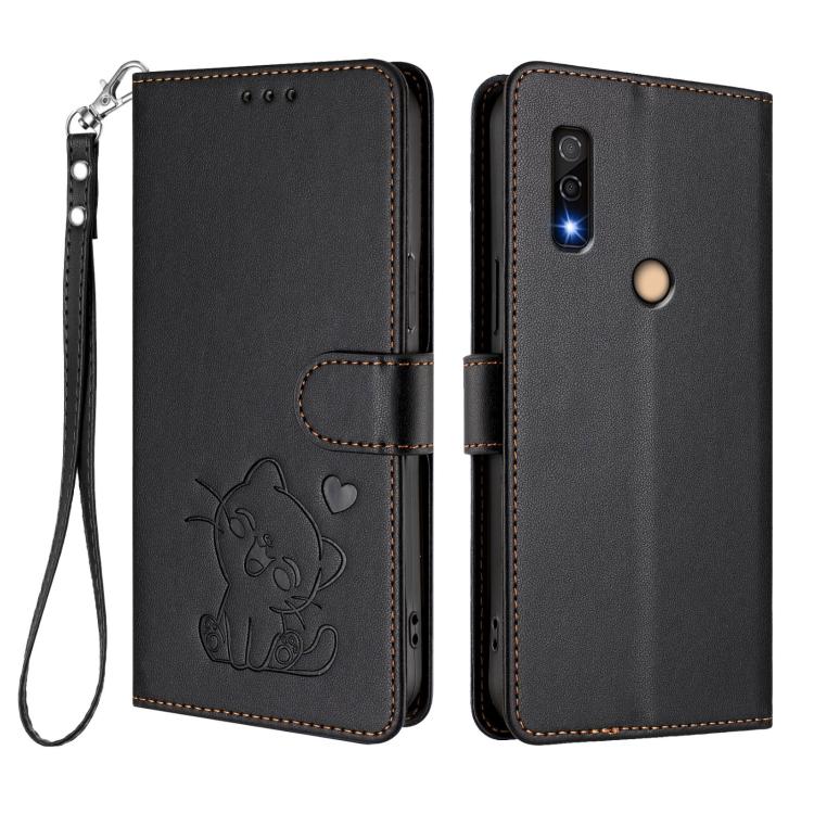 For Fujitsu Arrows We3 Embossed Heart Cat Leather Phone Case with Hand Strap