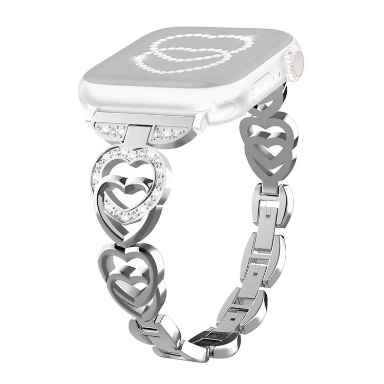 For Apple Watch 42 / 44 / 45 / 46 / 49mm xDfind Double Heart Diamond Metal Watch Band