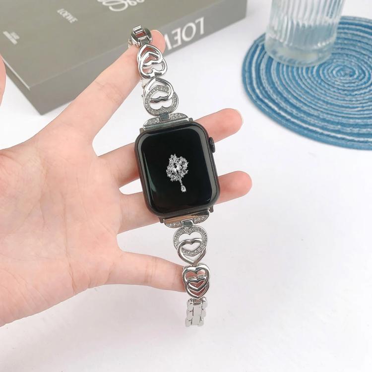 For Apple Watch 42 / 44 / 45 / 46 / 49mm xDfind Double Heart Diamond Metal Watch Band