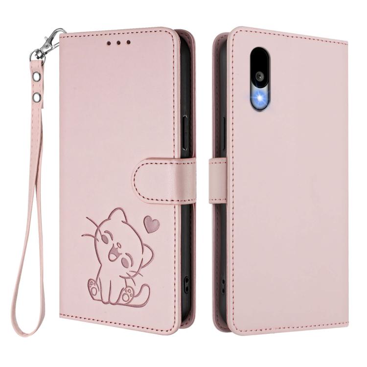 For Sharp Basio Active3 Embossed Heart Cat Leather Phone Case with Hand Strap