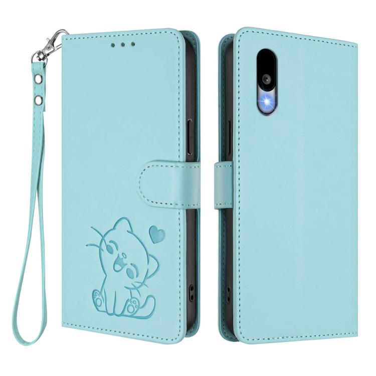 For Sharp Basio Active3 Embossed Heart Cat Leather Phone Case with Hand Strap