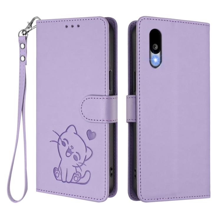 For Sharp Basio Active3 Embossed Heart Cat Leather Phone Case with Hand Strap