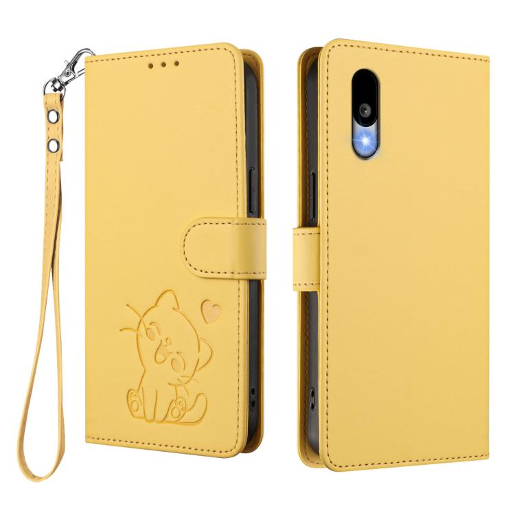 For Sharp Basio Active3 Embossed Heart Cat Leather Phone Case with Hand Strap