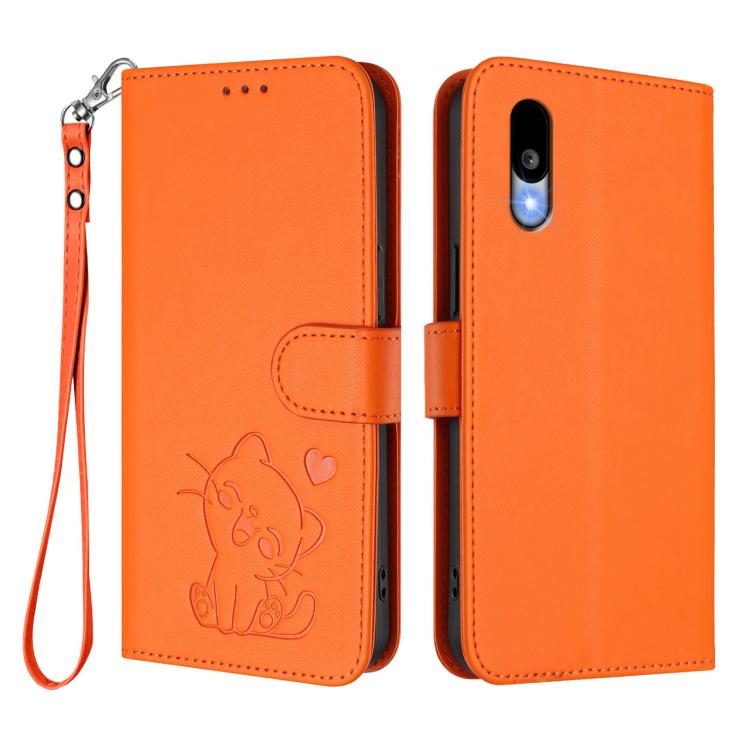 For Sharp Basio Active3 Embossed Heart Cat Leather Phone Case with Hand Strap