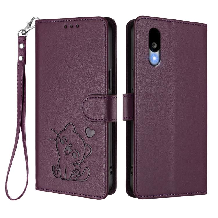 For Sharp Basio Active3 Embossed Heart Cat Leather Phone Case with Hand Strap