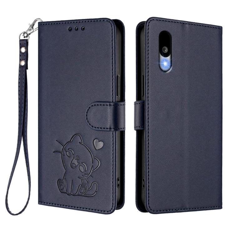 For Sharp Basio Active3 Embossed Heart Cat Leather Phone Case with Hand Strap