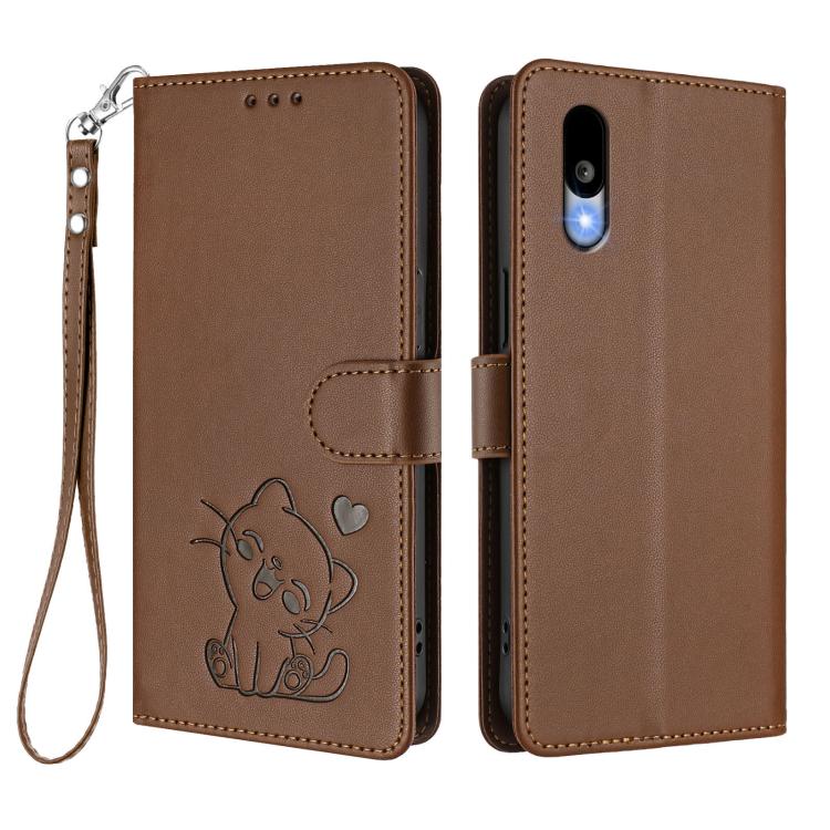 For Sharp Basio Active3 Embossed Heart Cat Leather Phone Case with Hand Strap