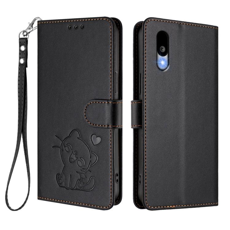 For Sharp Basio Active3 Embossed Heart Cat Leather Phone Case with Hand Strap