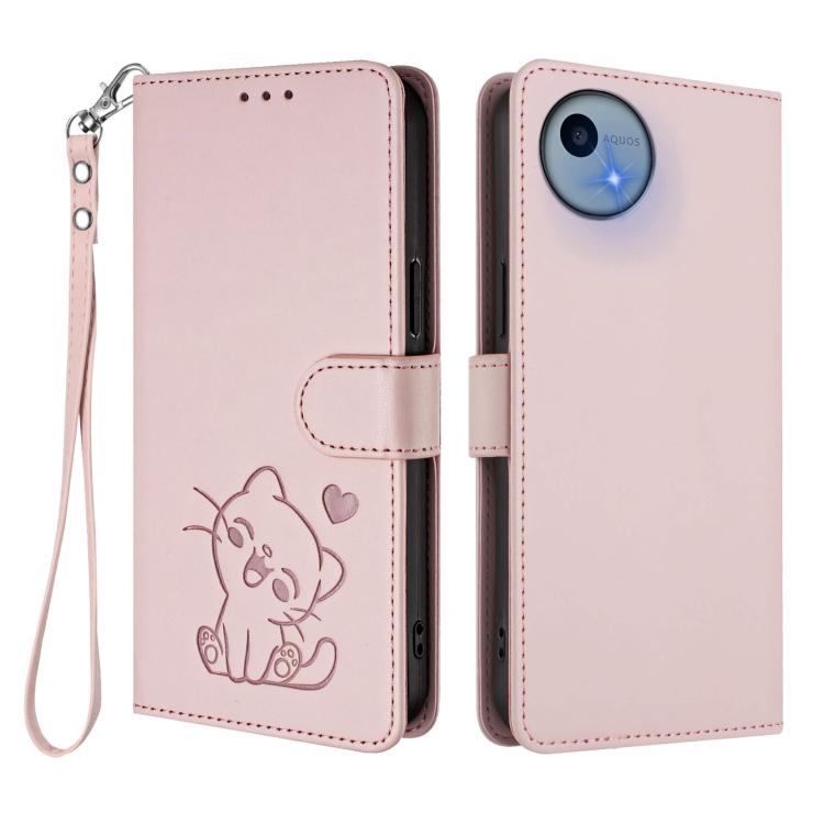 For Sharp Aquos wish5 Embossed Heart Cat Leather Phone Case with Hand Strap