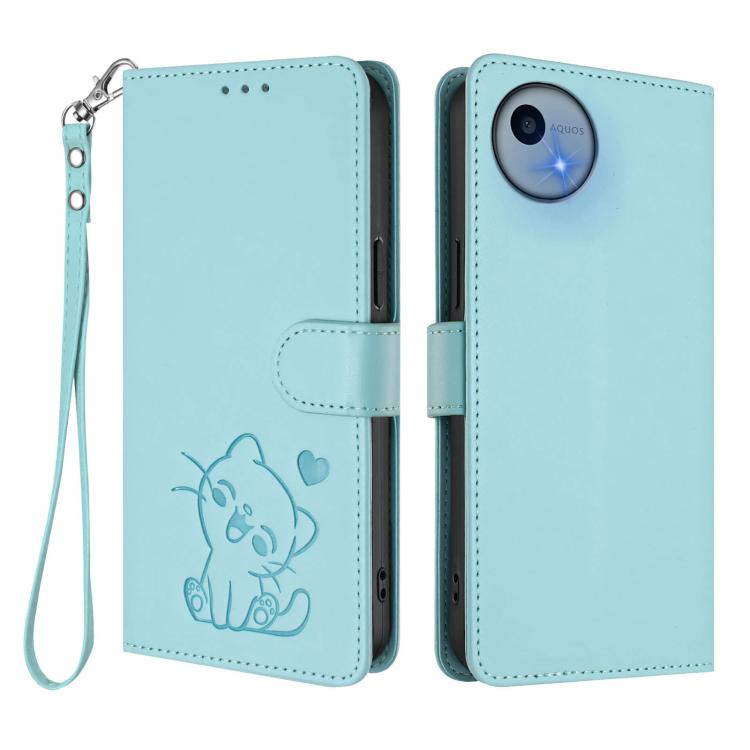 For Sharp Aquos wish5 Embossed Heart Cat Leather Phone Case with Hand Strap