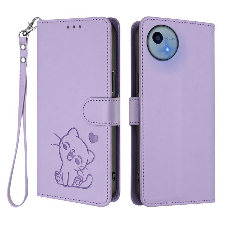 For Sharp Aquos wish5 Embossed Heart Cat Leather Phone Case with Hand Strap