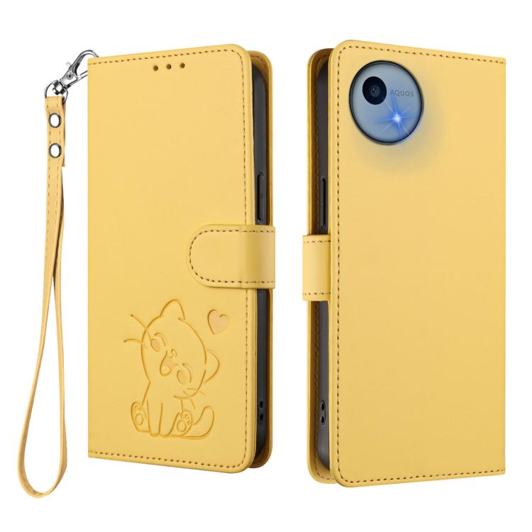 For Sharp Aquos wish5 Embossed Heart Cat Leather Phone Case with Hand Strap