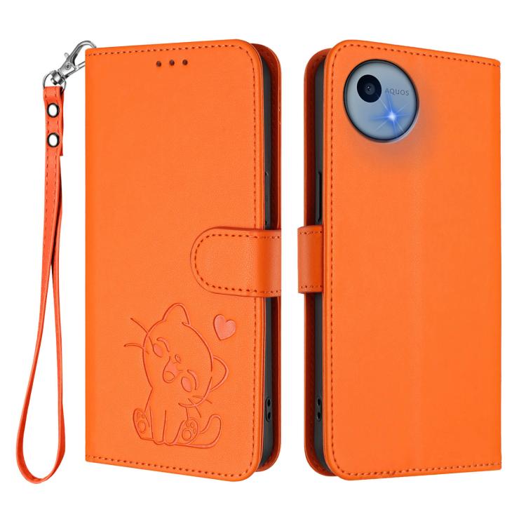 For Sharp Aquos wish5 Embossed Heart Cat Leather Phone Case with Hand Strap
