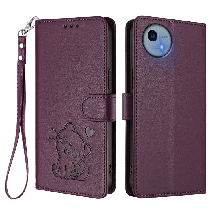 For Sharp Aquos wish5 Embossed Heart Cat Leather Phone Case with Hand Strap