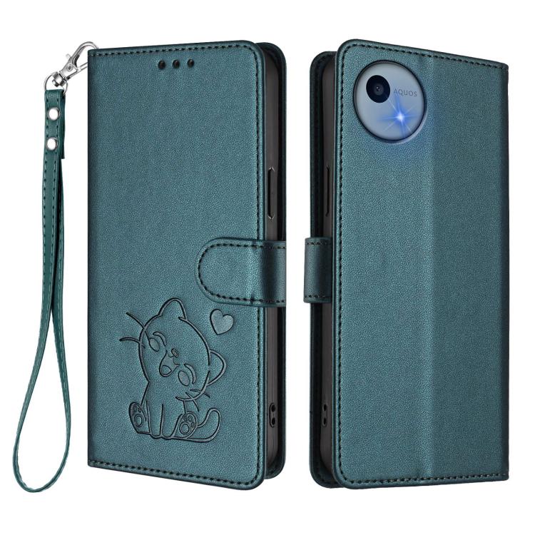 For Sharp Aquos wish5 Embossed Heart Cat Leather Phone Case with Hand Strap
