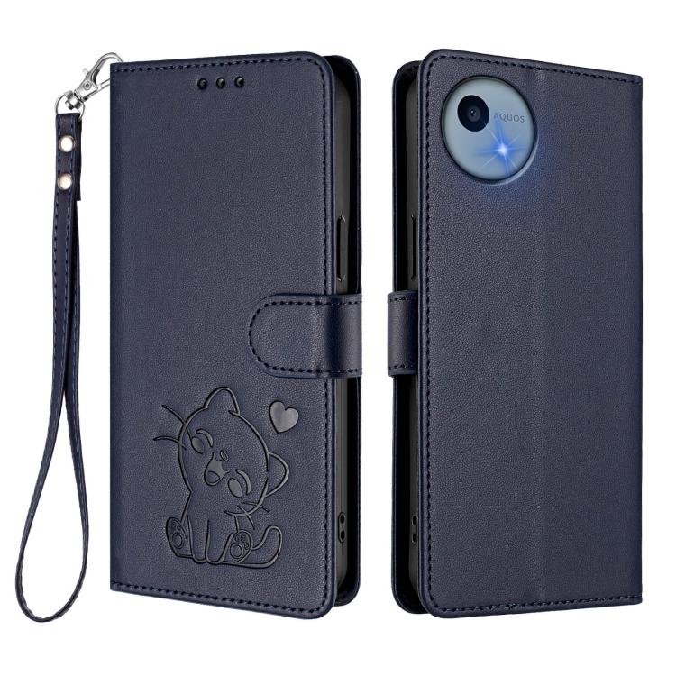For Sharp Aquos wish5 Embossed Heart Cat Leather Phone Case with Hand Strap