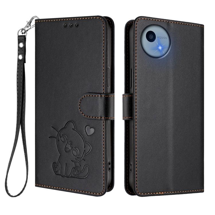 For Sharp Aquos wish5 Embossed Heart Cat Leather Phone Case with Hand Strap